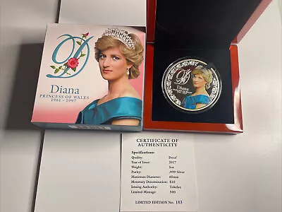 Tokelau: 2017 $10 Coloured 5oz Silver Proof Diana Princess Of Wales Memorial • $800