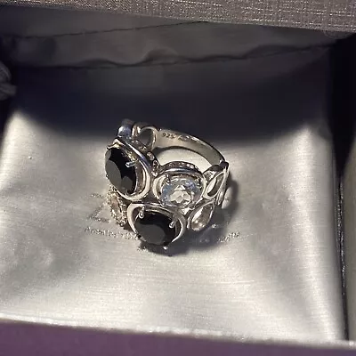 $45 • Buy Sterling Silver Ring Blk Onyx Lab Created Wht Sapphire Fm Zales Size 7 In Box