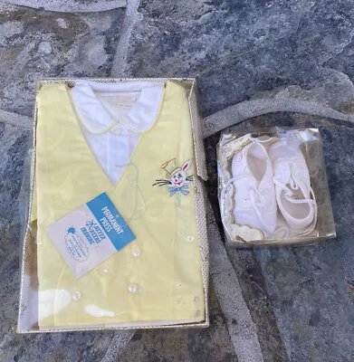 Vintage Yellow White Outfit Baby Clothes Size 1 Shoes • $20