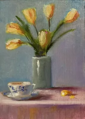 Tea And Tulips Original Miniature Flower Still Life Oil Painting Spring ACEO ATC • $5.50