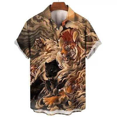 Tiger Black Panther Asian Art Colorful Digital Print Men's Button Up Shirt Tops • $21.98