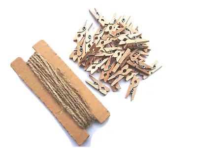 36 Mini Wooden Pegs With Jute String - Hold Photos Pictures Notes Scrapbooking • £2.69