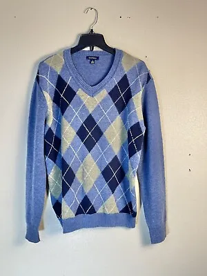 Club Room Mens Small Sweater V-Neck Diamond Argyle Print 100% Lambswool Blue • $10.98