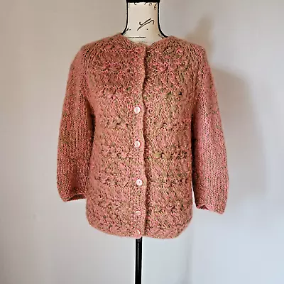 Vintage Famelia Handmade In Italy Wool Mohair Cardigan Crew Neck Pink Green 36 • $68.98