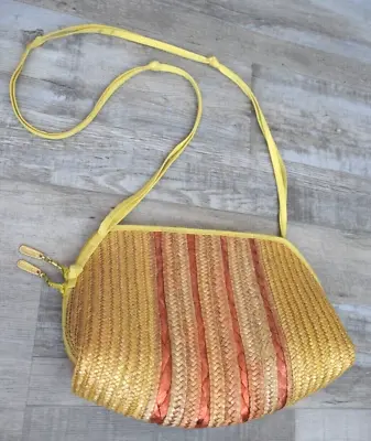 Vintage Straw Purse Italy Woven Wicker Yellow Shoulder Strap Bag Summer Beach • $18.40