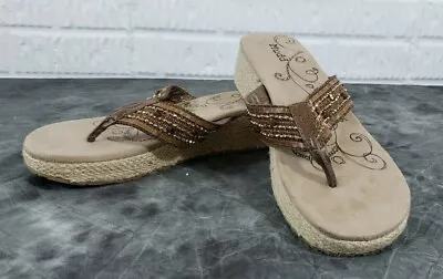Mudd Wedge Brown Women's Jeweled Thong Sandals Size 10M • $11.99