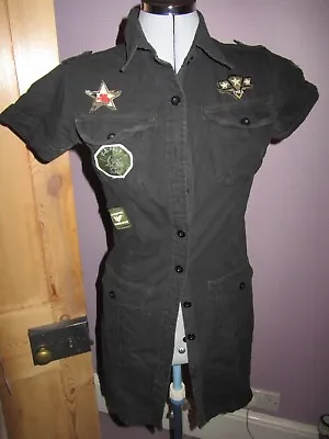 INTERNACIONALE Women Rookie Patch Military Shirt Jacket Dress Size 10 Black • £4.99