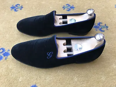 Gucci Loafer Velvet Slipper Shoes House Black Logo Blue Mens UK 6 US 7 EU 40 • £239