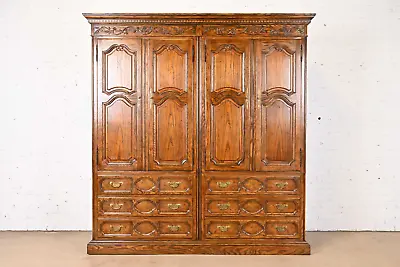 Baker Furniture Carved Oak Double Armoire Dresser Or Linen Press Circa 1960s • $3995