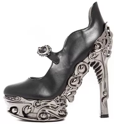 Hades KATJA Black Maryjane Pump 6  High Ornate Molded Heels Platform Ankle Strap • $138