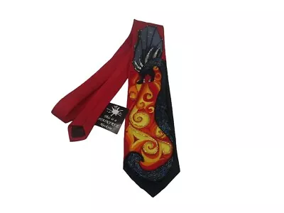 Red Silk Necktie With Black Sequin Beaded Fire Breathing Dragon Fun Tie NWT • $12