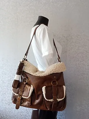 Brown Faux Leather Cream Fur Tote Handbag Crossbody Shoulder Bag Size 37x33x9 Cm • £14.99