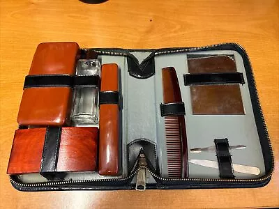 Men's Toiletry Grooming Kit Zippered Black Leather Case Travel Vintage • $8