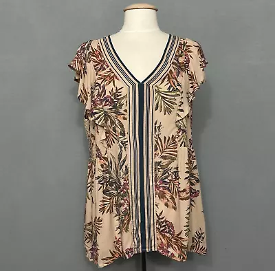 Vintage America Womens Top Large Beige Floral Loose Fit Smocked Career Casual • $10