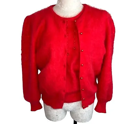 $169.99 • Buy J Fashion Womens Twin Set Red Size Large Vintage Angora Ribbon Puff Sleeve Bows
