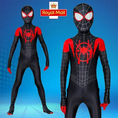 Miles Morales Spiderman Costume Kids Boy Men Into The Spider-Verse Cosplay Dress • £10.82