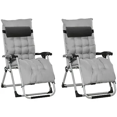 Outsunny 2 PCS Reclining Zero Gravity Chair Folding Lounger Cushion Light Grey • £86.99