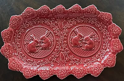 RARE RED Bordallo Pinheiro Bunny Rabbits Easter Ceramic Tray Platter Portugal • $39.99