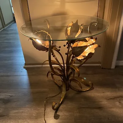 VINTAGE MCM Italian Gold Gilt Metal Leaf Pedestal Lighted  Table W/ Glass Top • $495