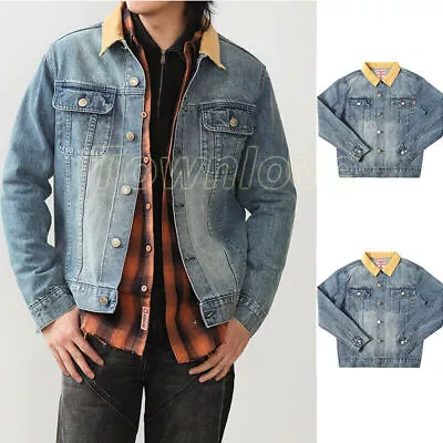 Mens Vintage 14OZ Cotton Demin Trucker Jacket Selvedge Jean Coat Corduroy Collar • $128.19