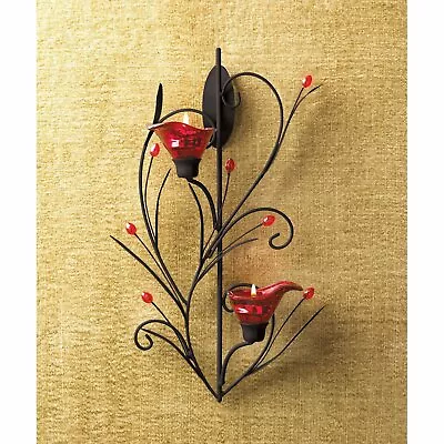 Black Red Iron Glass Ruby Blossom Sophisticated Tealight Wall Sconce Home Decor • $35.59