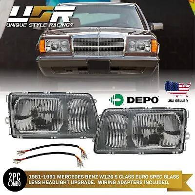 DEPO Euro Glass Headlight + 4to5 Pin Wire Adapters For 81-91 Mercedes Benz W126 • $179.95