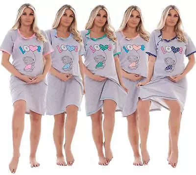 Ladies Nightdress Nightshirt Nursing Short Sleeve Love Buttons Nightie S To XXL • £10.99