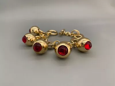 Vintage Red Cabochon Charm Bracelet Gold French Bold Statement Jewelry • $39.99