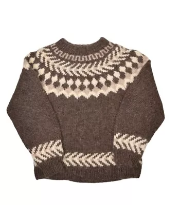 Vintage Nordic Wool Sweater Womens M Brown Crewneck Chunky Knit Fair Isle Jumper • $54.94