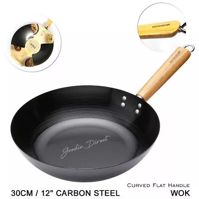 KitchenCraft World Of Flavours Oriental 30cm/12  Carbon Steel Wok Wooden Handle • £22.50