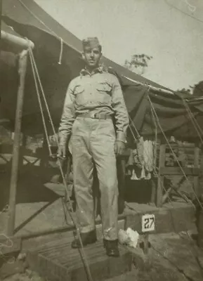 US Army Soldier Standing By Military Tent B&W Photograph 1.75 X 2.75 • $9.98