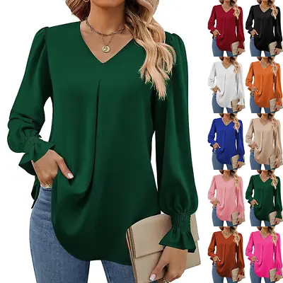 Womens Casual Blouse Tops T-shirts Ladies V-neck Pullover Tunic Plus Size Solid • £11.49