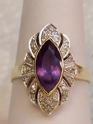 Vtg Solid 14k Yellow/white  Gold Marquise Amethyst  Diamond Accent Ring Sz 8.25 • $285