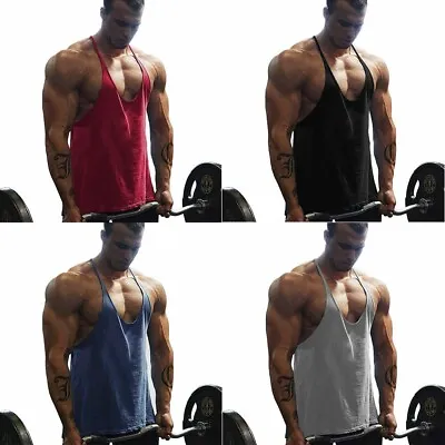 Top Muscle Tank Stringer Vest Workout Men Solid Bodybuilding Fitness Gym • £8.05
