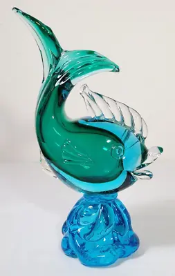 Vintage Murano Seguso Glass Fish 10 3/4  H Blue & Green Missing Bottom Fin • $119