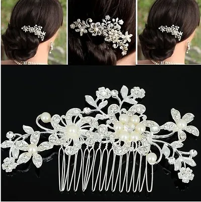 Women Vintage Wedding Bridal Rhinestones Pearl Beads Flower Leaf Hair Comb Pin • $7.98