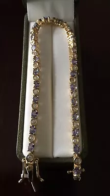 Sterling Silver 14K Gold Plated Tanzanite & White Zircon Bracelet - Size 7.5” • £79.95