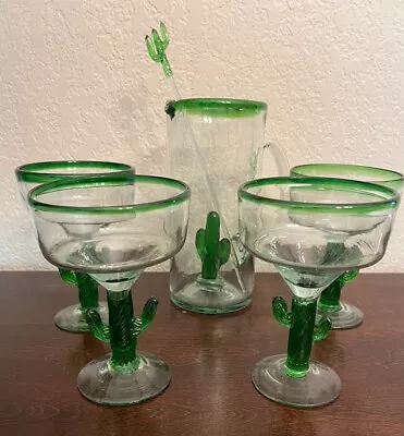 Mexican Hand-Blown Margarita Set 4 Glasses Pitcher Stirrer Saguaro Cactus Green • $45