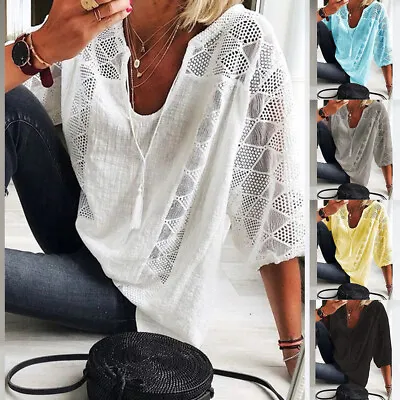 Plus Size Womens 3/4 Sleeve Cotton Linen Tops Ladies Casual Loose Summer T Shirt • £2.99