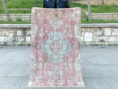 Faded Turkish Vintage Handknotted Scatter Rug Wool Antique Handmade Oushak Rug • $379.37