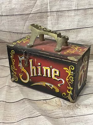 Vintage Shoe Shine Box Wood   5 Cent SHINE   With Cast Iron Foot Holder Red • $39.99