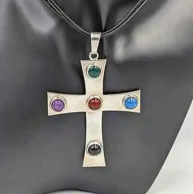 Big Vintage Mexican Sterling Cross Pendant Semiprecious Stones/Glass Cabochons • $105