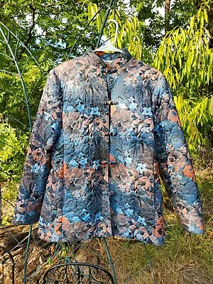 Vintage 70's Blue Floral  Quilted Asian Jacket Cardigan Kam Fung Garment Sz M  • $34.19