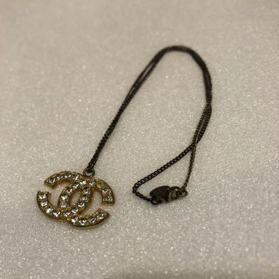 $457.72 • Buy CHANEL Necklace Vintage Gold Plated Rhinestone CC Logo Charm Pendant Authentic