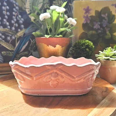 Vintage Pink USA MARKED Pink Acorn & Leaf Scalloped Ceramic Planter 9  Cottage  • $18