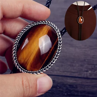 Western Cowboy Tiger's Eye Stone Mens Bolo Tie Slide Clip 40  PU Leather Rope • $22.99