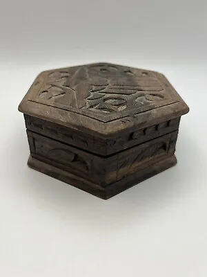 Vintage Hexagonal Wood Carved Jewelry Box With Bird Motif • $14.99