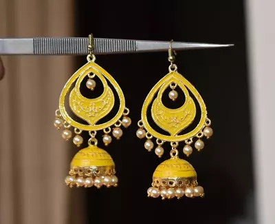 Indian Bollywood Style Big Yellow Meenakari Pearl Jhumka Earring For Wedding • $25.19