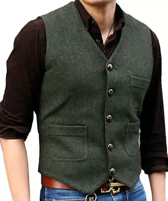 Mens Vests Tweed Suit Business Vest Steampunk Waistcoat  Brown Black Victorian • $72.29