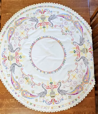 Beautiful Vintage 1940's  Hand Embroidered 48  Round Tablecloth Peacocks • $35